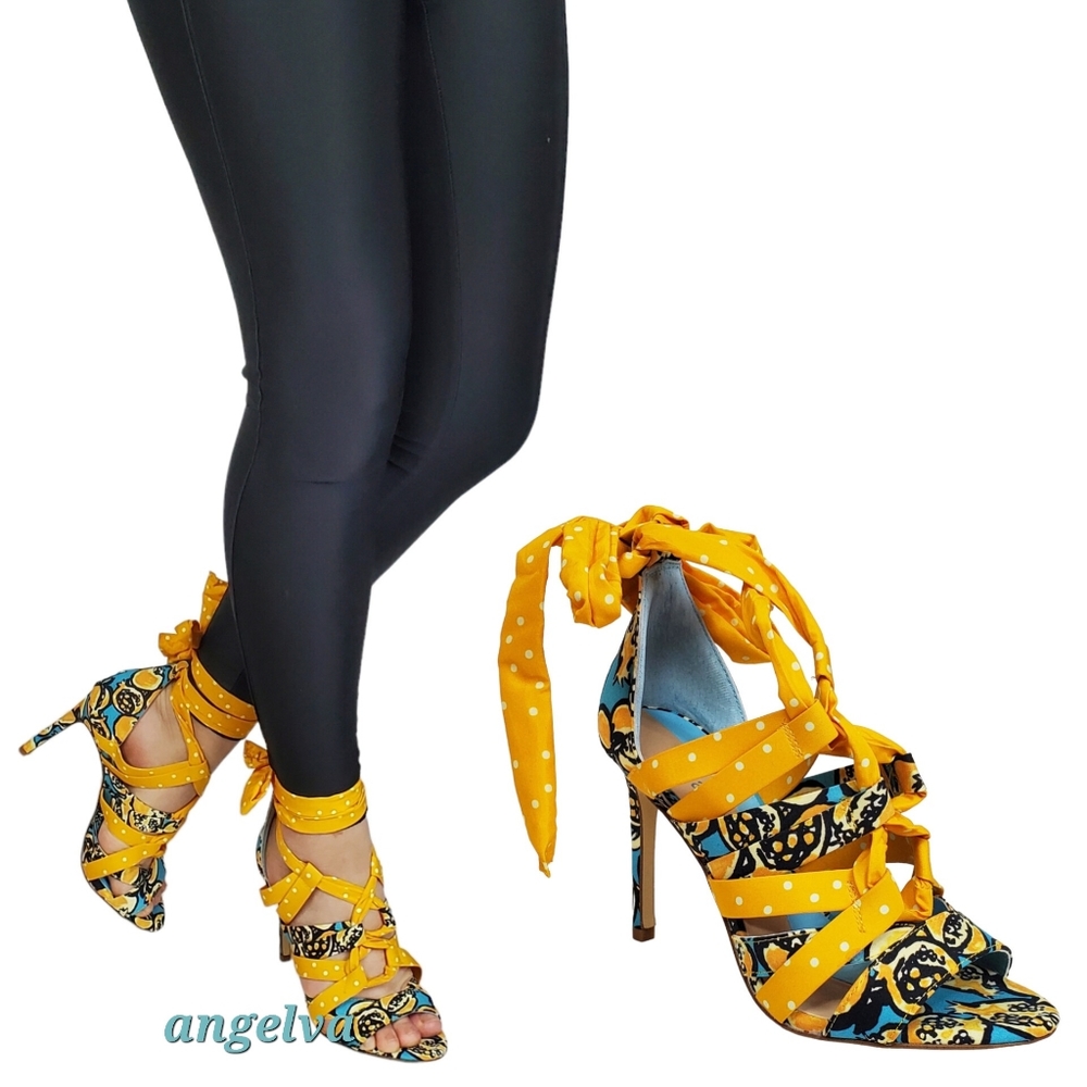 Gianni Bini Yellow Patterned Wrap-Heel Sandals - Picture 3 of 13